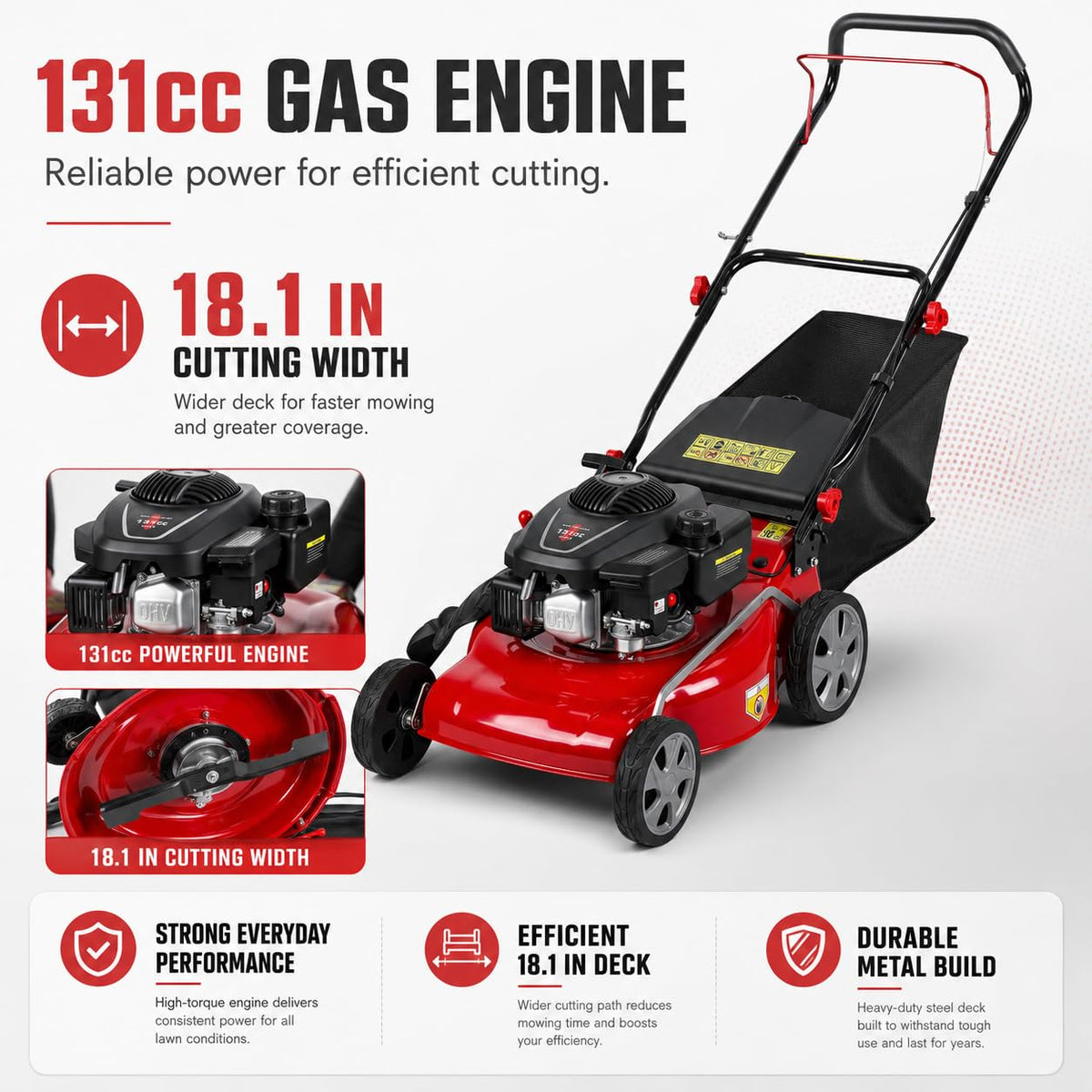 3 in 1 Self Propelled Gas Lawn Mower, 131cc 4-Stroke Engine with 50L Grass Bag &amp; Big Wheels, 3-in-1 Mulching/Side Discharge/Rear Bag, Push Button Start for Medium to LarLawns Red