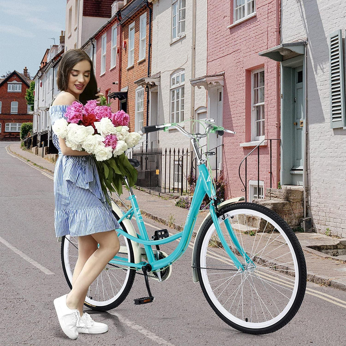 Womens Complete Cruiser Bikes, Comfort Beach Cruiser Bicycle Bike, 26'' Single Speed Beach Cruiser Bike with Rear Rack, High Carbon Steel Frame, Womens Road Bike for Leisure Picnics &amp; Shopping