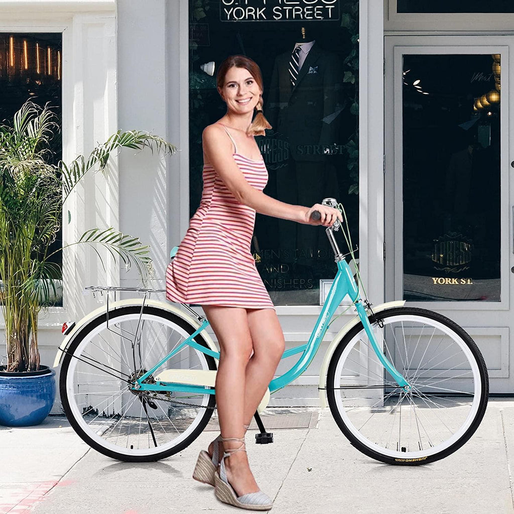 Womens Complete Cruiser Bikes, Comfort Beach Cruiser Bicycle Bike, 26'' Single Speed Beach Cruiser Bike with Rear Rack, High Carbon Steel Frame, Womens Road Bike for Leisure Picnics &amp; Shopping