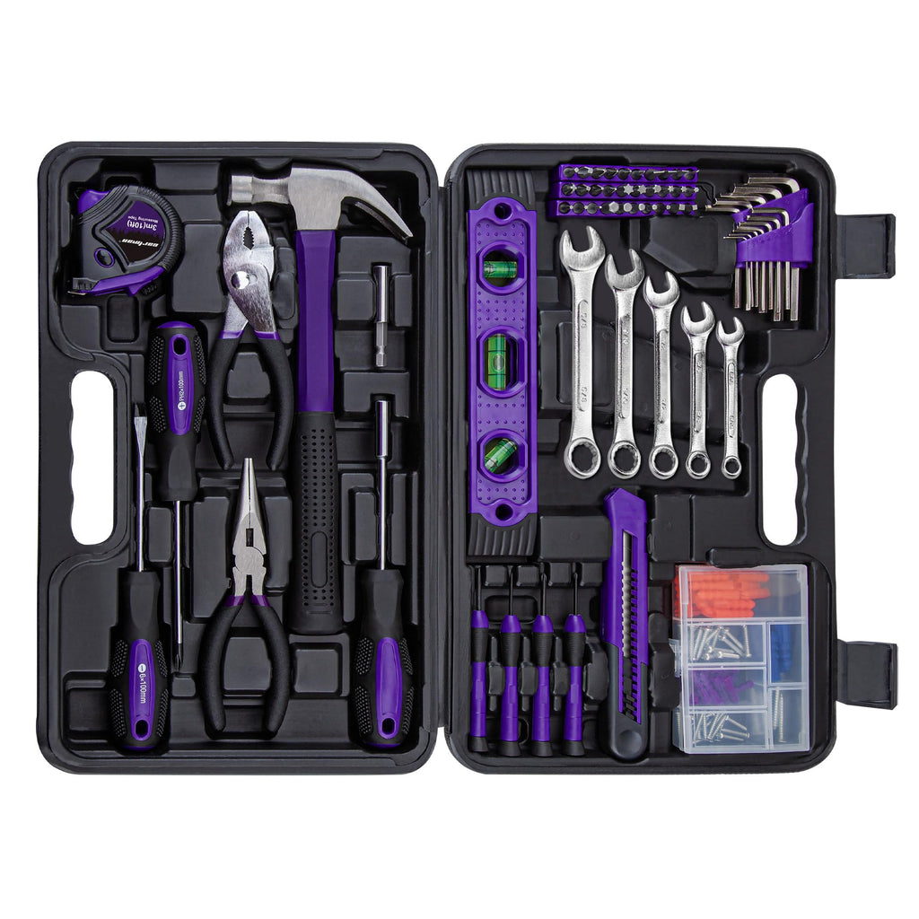 152-Piece Household Tool Set, Purple Hand Kit With StoraCase Box | Complete tool assortment for home repairs, office fixes, dorm needs, furniture setup, crafting, and everyday household fixes.