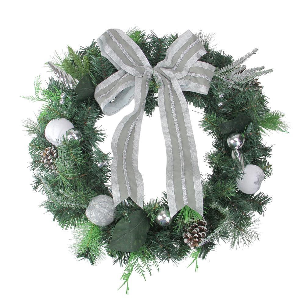 24 in. Unlit White and Silver Apple and Pine Cone Artificial Christmas Wreath