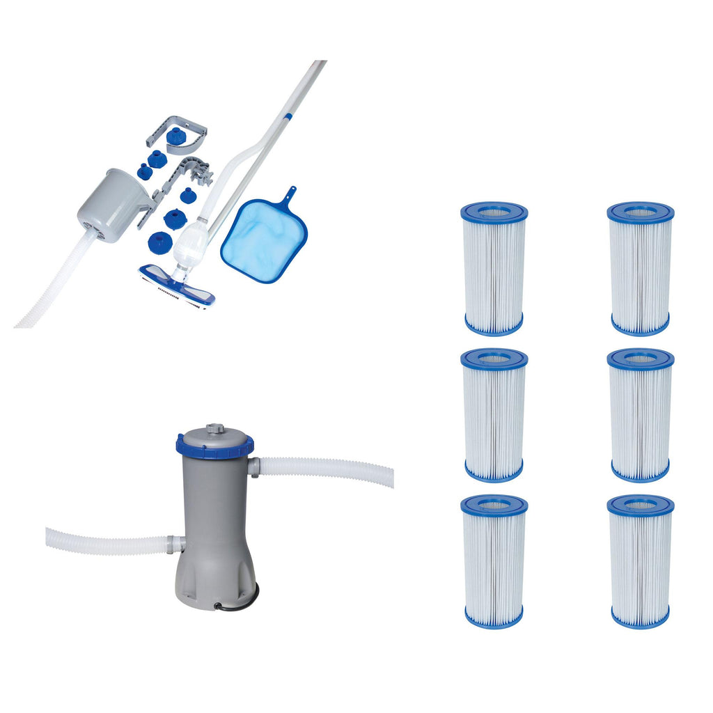 Pool Vacuum + Replacement Cartridges (6) + 1000 GPH Filter Pump System