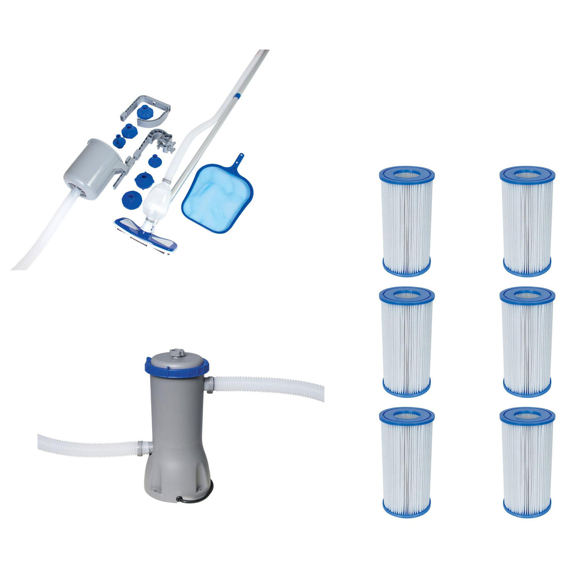 Pool Vacuum + Replacement Cartridges (6) + 1000 GPH Filter Pump System