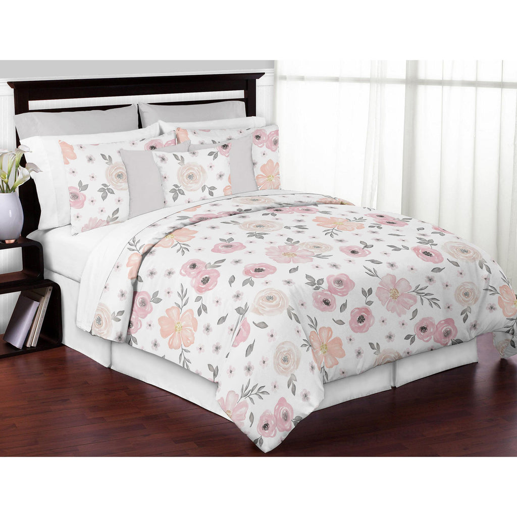 Watercolor Floral Pink and Grey Comforter Set by Sweet Jojo s