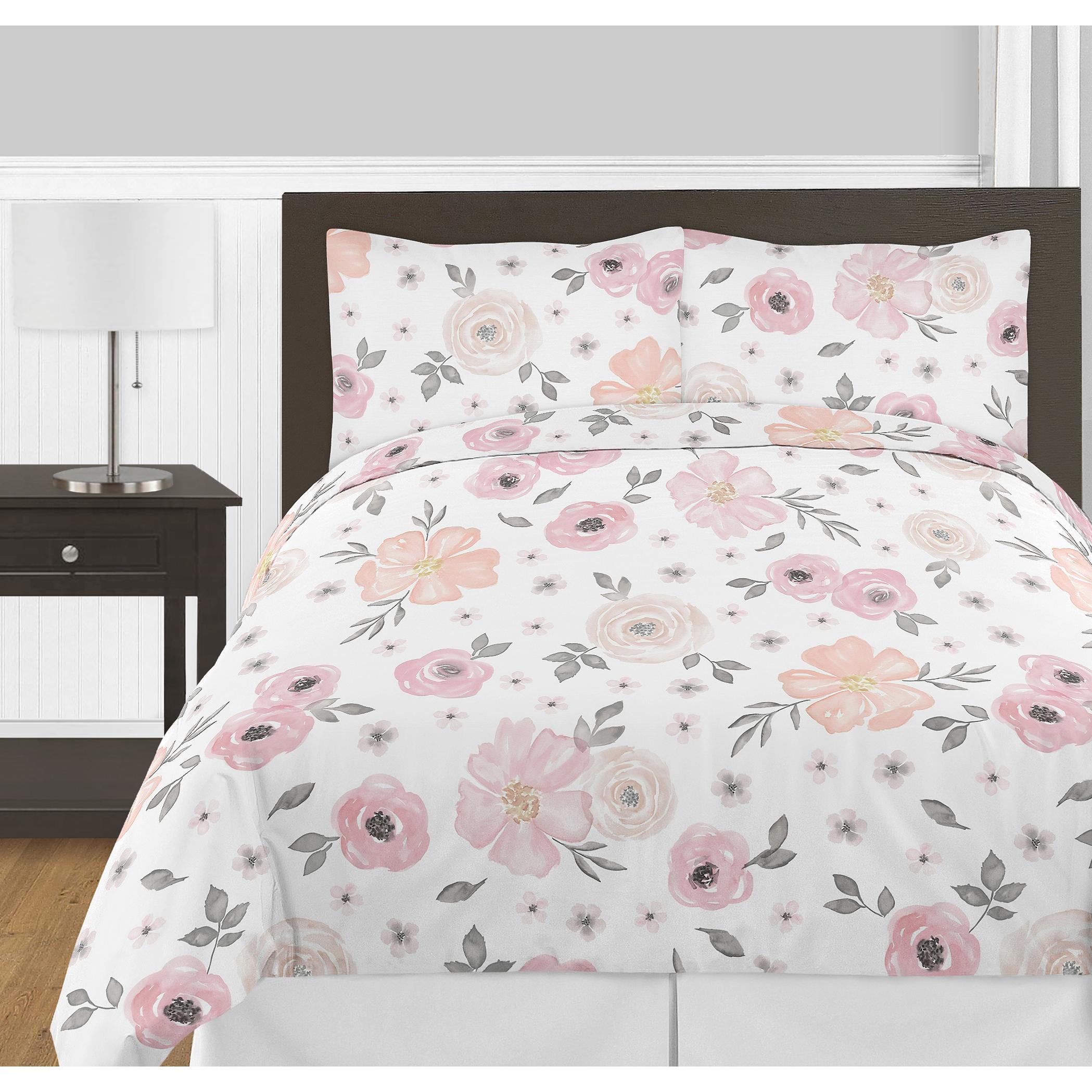 Watercolor Floral Pink and Grey Comforter Set by Sweet Jojo s