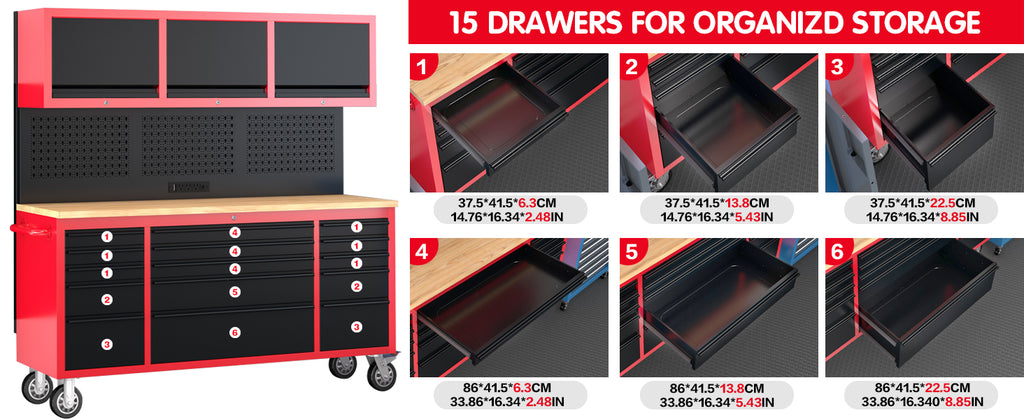 72" Rolling Tool Chest with 15 Drawers - Heavy Duty GaraWorkbench with Power Strip & Pegboard - 18" Deep 1.2" Thick Solid Top, Lockable Tool StoraCabinet for Professional Mechanic
