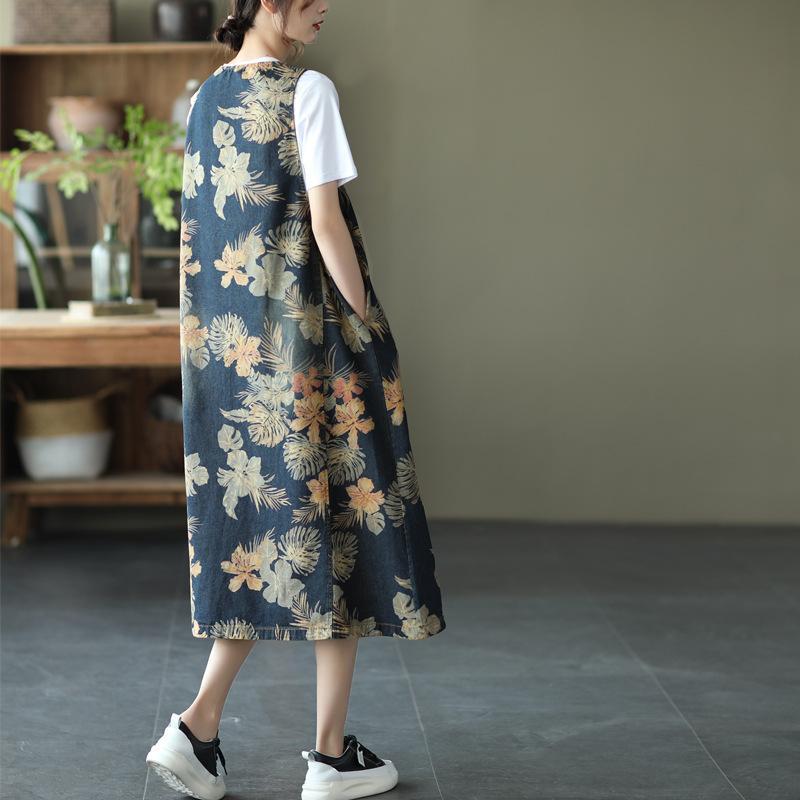 Summer Retro Sleeveless V-Neck Loose Denim Dress