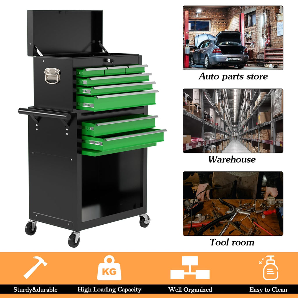 8-Drawer High Capacity Rolling Tool Chest, Removable Cabinet StoraTool Box with Wheels and Drawers, Detachable Toolbox with Lock for Workshop Mechanics Garage(Black&Green)