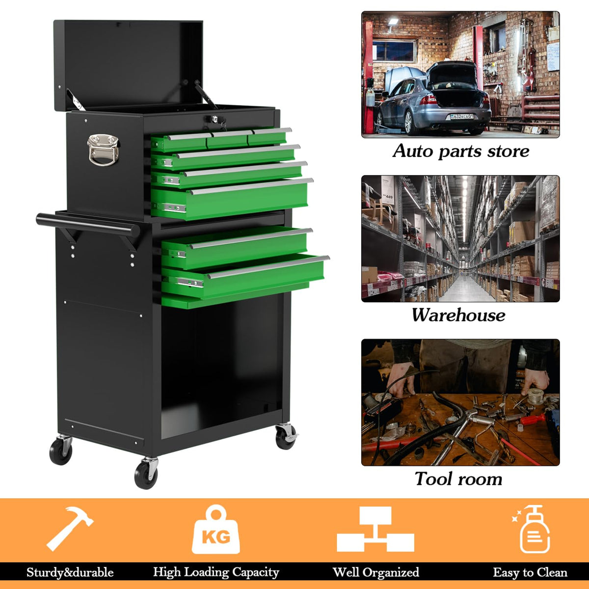 8-Drawer High Capacity Rolling Tool Chest, Removable Cabinet StoraTool Box with Wheels and Drawers, Detachable Toolbox with Lock for Workshop Mechanics Garage(Black&Green)