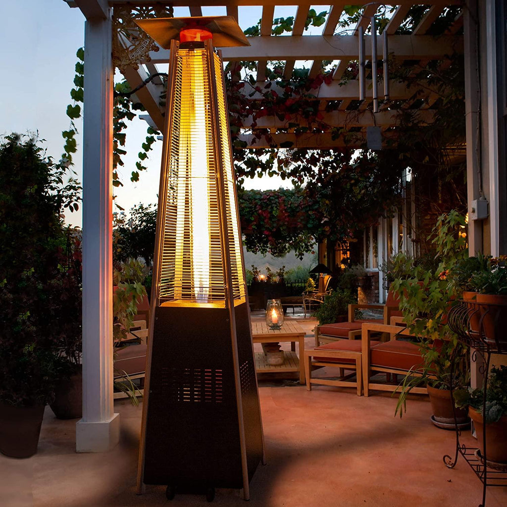 PAMAPIC Patio heater, 42000 BTU Stainless Steel Pyramid Patio heater with Cover, Outdoor Propane Heater on Wheels Easily Move, Glass Tube Patio Heater great for backyards, restaurant, cafeteria, etc.
