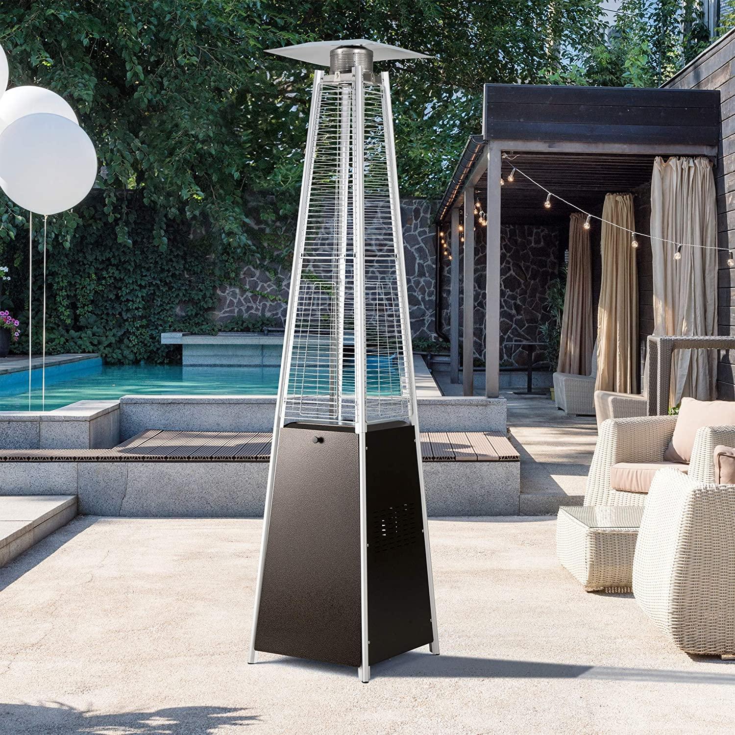 PAMAPIC Patio heater, 42000 BTU Stainless Steel Pyramid Patio heater with Cover, Outdoor Propane Heater on Wheels Easily Move, Glass Tube Patio Heater great for backyards, restaurant, cafeteria, etc.