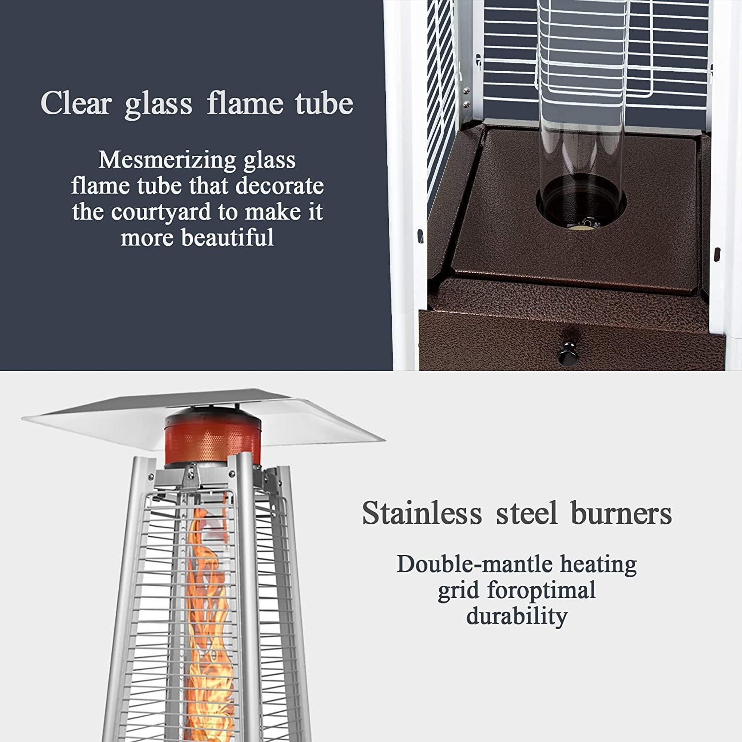 PAMAPIC Patio heater, 42000 BTU Stainless Steel Pyramid Patio heater with Cover, Outdoor Propane Heater on Wheels Easily Move, Glass Tube Patio Heater great for backyards, restaurant, cafeteria, etc.