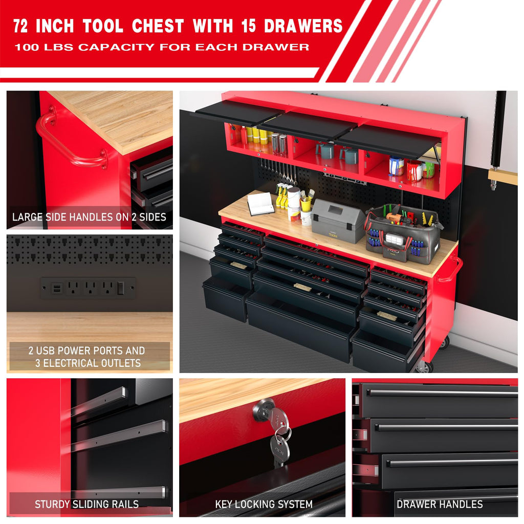 72" Rolling Tool Chest with 15 Drawers - Heavy Duty GaraWorkbench with Power Strip & Pegboard - 18" Deep 1.2" Thick Solid Top, Lockable Tool StoraCabinet for Professional Mechanic