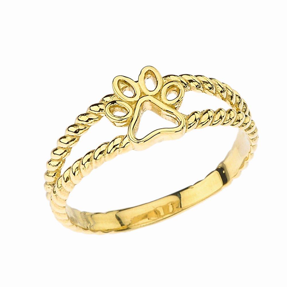 Elegant 14k Yellow Gold Openwork Dog Paw Print Double Rope Ring
