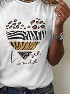 Leopard Heart Print Crew Short Sleeves T-shirt