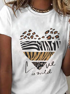Leopard Heart Print Crew Short Sleeves T-shirt