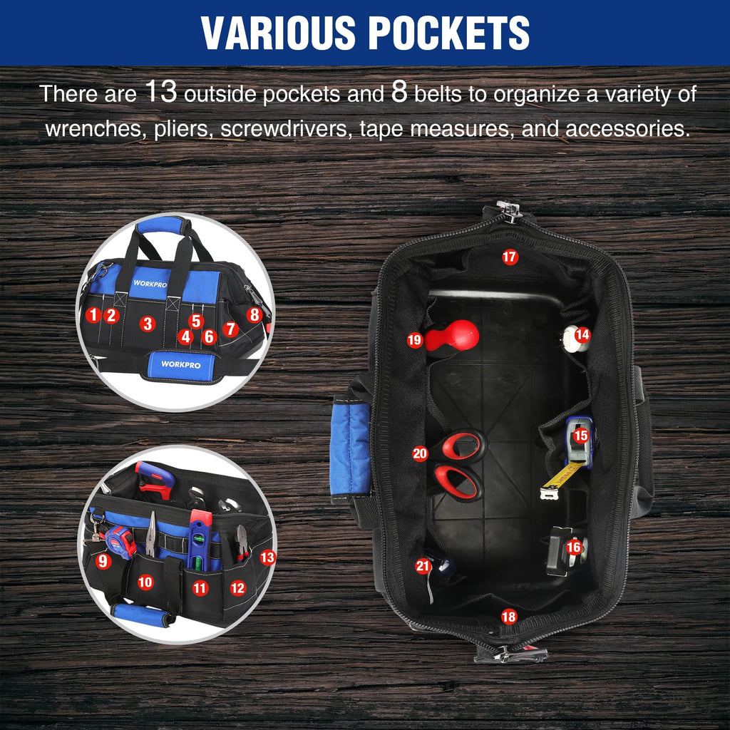 16-inch Wide Mouth Tool Bag with Water Proof Molded Base | Multi-Pocket, Heavy Duty Cloth, Adjustable Shoulder Strap, Double-pull Zipper, For Workshops, Outdoor Projects