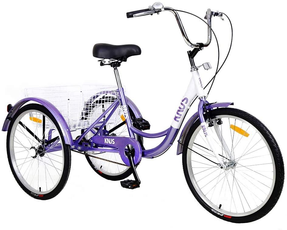 KNUS Adult Tricycle Trikes,Single Speed 3 Wheel Bikes,24/26 Inch Cruiser Bicycle with LarShopping Basket for Seniors,Women and Men