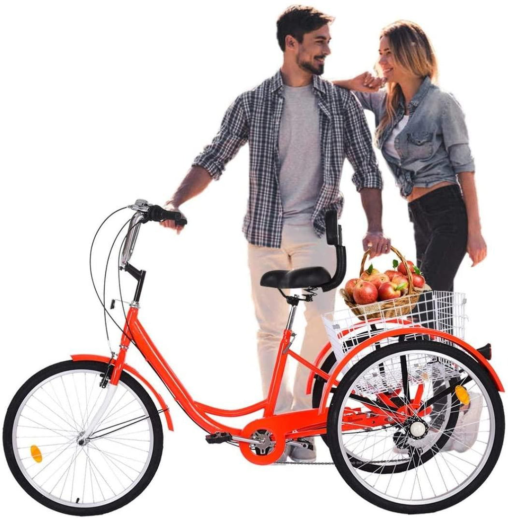Adult Tricycles Cruiser Bikes,24 inch 3 Wheel 7-Speed, Three-Wheeled Cruiser Trike with Shopping Basket, for Elderly,Seniors, Women, Men, for Parents