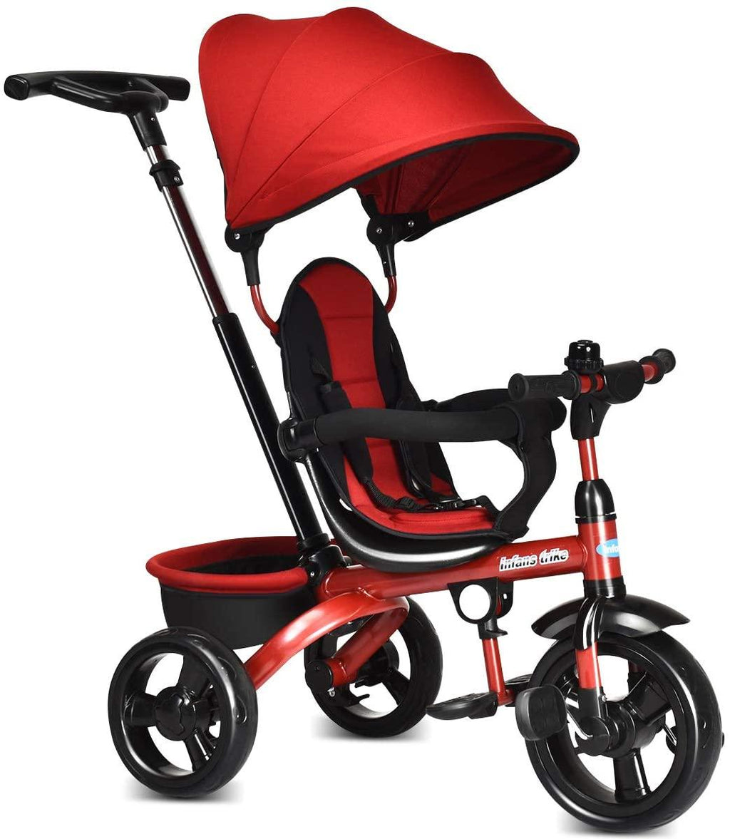 INFANS Kids Tricycle, 4 in 1 Stroll Trike with Adjustable Push Handle, Removable Canopy, Retractable Foot Plate, Lockable Pedal, Detachable Guardrail, Suitable for 10 Months to 5 Years (Red)