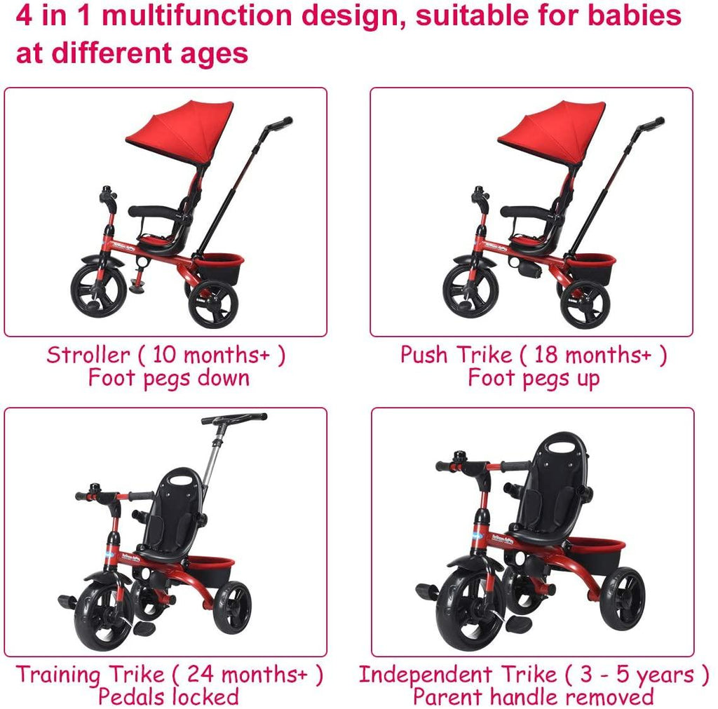 INFANS Kids Tricycle, 4 in 1 Stroll Trike with Adjustable Push Handle, Removable Canopy, Retractable Foot Plate, Lockable Pedal, Detachable Guardrail, Suitable for 10 Months to 5 Years (Red)