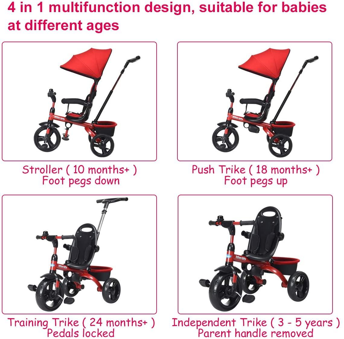 INFANS Kids Tricycle, 4 in 1 Stroll Trike with Adjustable Push Handle, Removable Canopy, Retractable Foot Plate, Lockable Pedal, Detachable Guardrail, Suitable for 10 Months to 5 Years (Red)