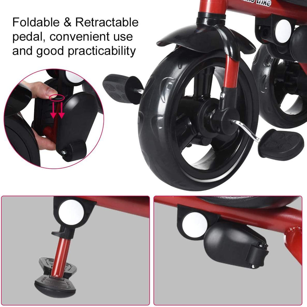 INFANS Kids Tricycle, 4 in 1 Stroll Trike with Adjustable Push Handle, Removable Canopy, Retractable Foot Plate, Lockable Pedal, Detachable Guardrail, Suitable for 10 Months to 5 Years (Red)
