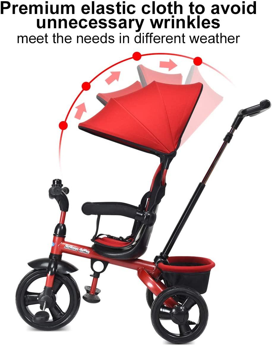 INFANS Kids Tricycle, 4 in 1 Stroll Trike with Adjustable Push Handle, Removable Canopy, Retractable Foot Plate, Lockable Pedal, Detachable Guardrail, Suitable for 10 Months to 5 Years (Red)