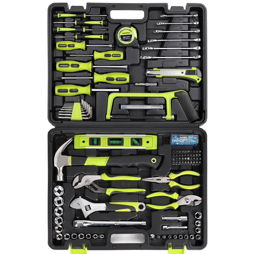 198-Piece Household Tool Set, Home Repairing Tool Set with Toolbox, SAE Mechanics Hand Tool Kit for DIY, Home Maintenance, Green