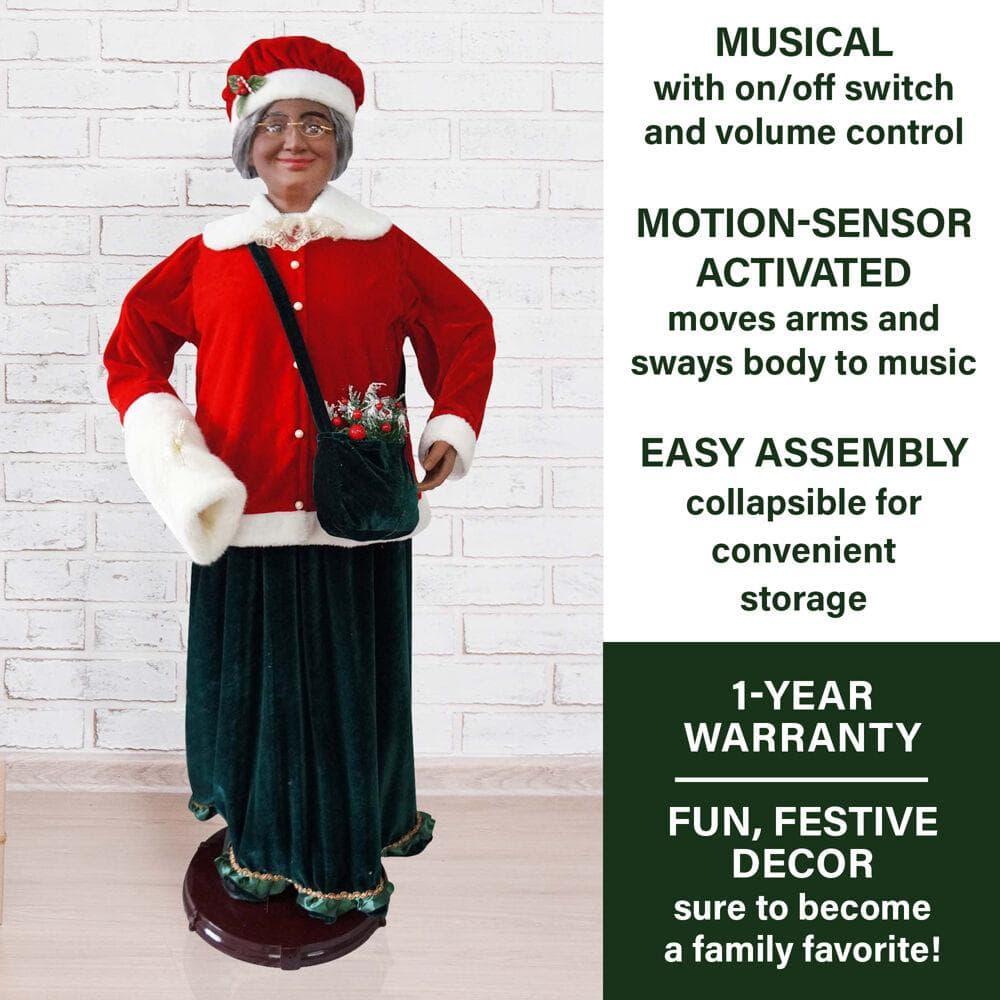 58 in. Christmas African American Dancing Mrs. Claus with Faux Fur Hand Muff
