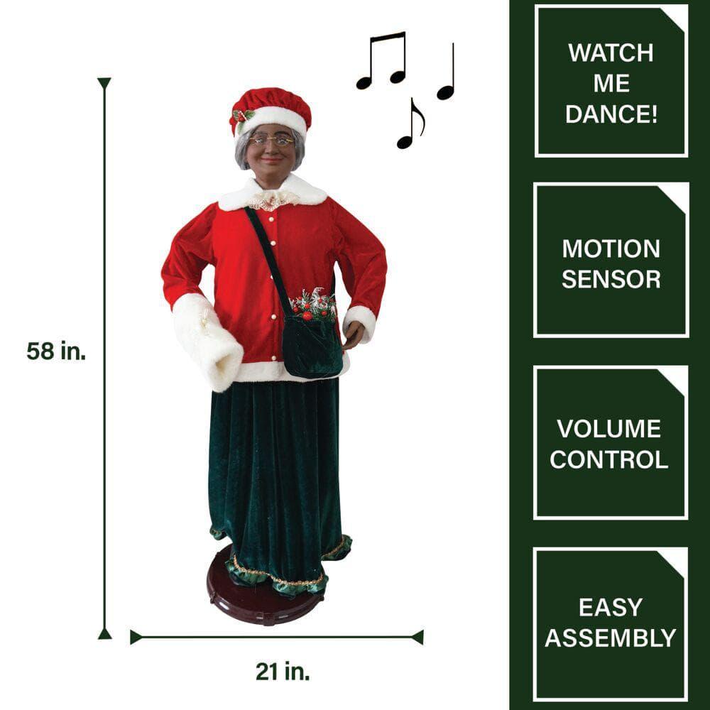 58 in. Christmas African American Dancing Mrs. Claus with Faux Fur Hand Muff