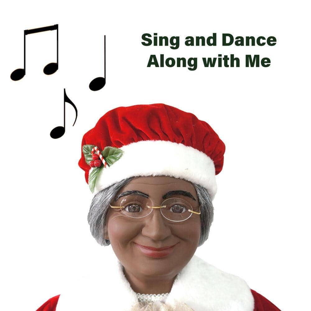 58 in. Christmas African American Dancing Mrs. Claus with Faux Fur Hand Muff