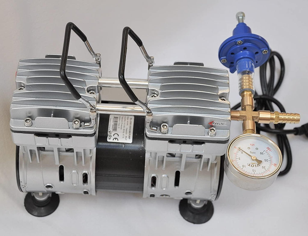 controlled twin piston oil-less vacuum pump 5.5cfm 3/4hp regulator/gauge hardware kit pressure control oil-free clean no oil mist