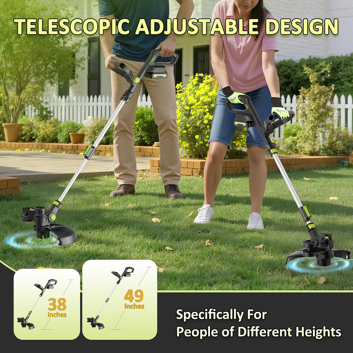 20V Cordless String Trimmer, Two 2.0Ah Battery Powered with Fast Charger, 12'' Grass Cutter with Auto Line Feed, 3-in-1 Electric Lawn Mower Grass Trimmer&amp;Edger Lawn Tool with 8 Lines for Yard, Garden