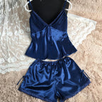 Clothing -  Women Sexy Deep V-neck Sleeveless Silk Lace Top With Shorts Sleepwear Set