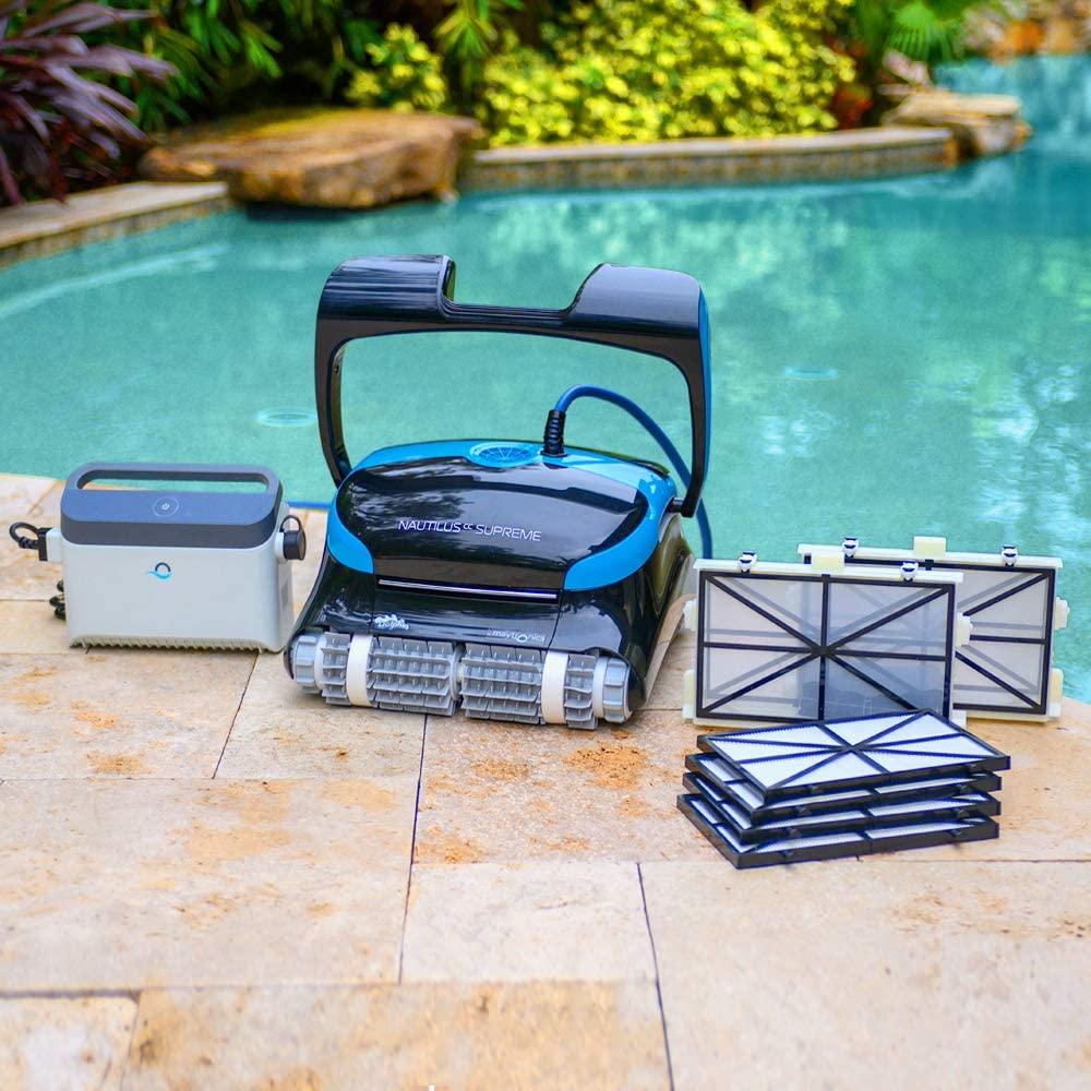 dolphin nautilus cc supreme wifi operated robotic pool [vacuum] cleaner - ideal for in ground swimming pools up to 50 feet - easy to clean top load filter cartridges