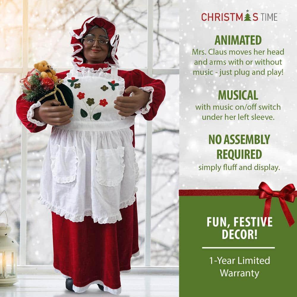 36 in. Christmas African American Musc and Motion Mrs. Claus with Apron