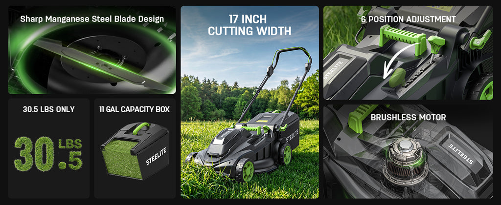 40V 17 Inch Brushless Electric Lawn Mower, Adjustable Cutting Heights Cordless Lawn Mower, 2-in-1 Bagging Mulching Lawn Care Tool, Powered by 2 Rechargeable 4.0Ah Batteries with Charger,Green