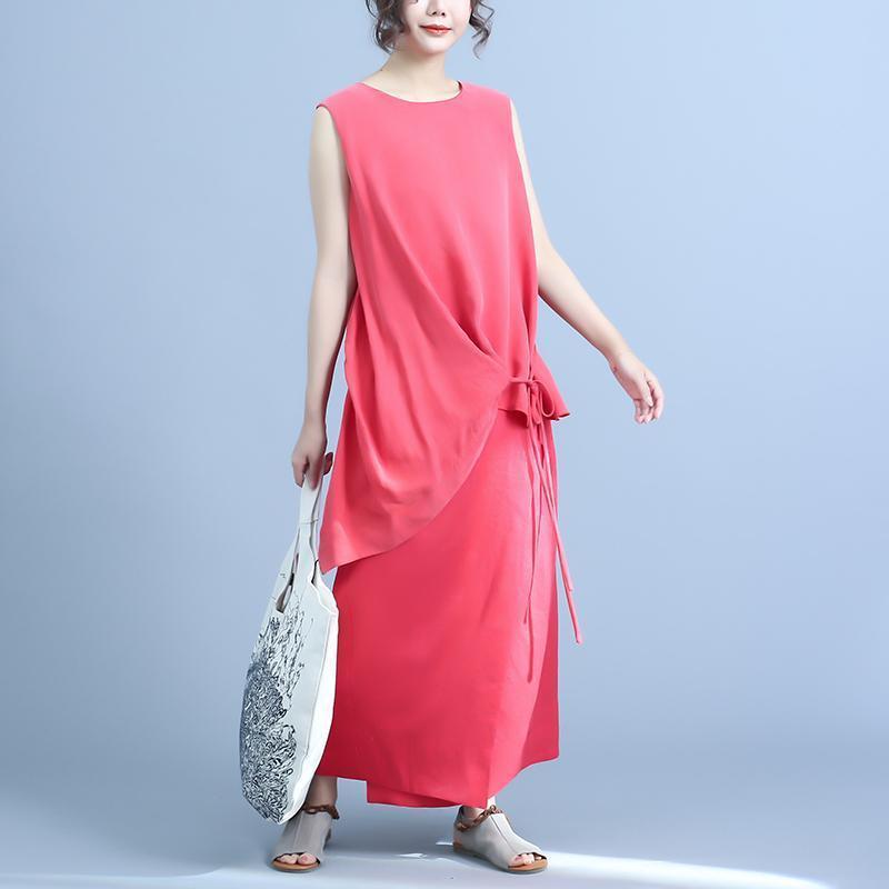 summer irregular fake two-piece sleeveless silk stitching linen dress