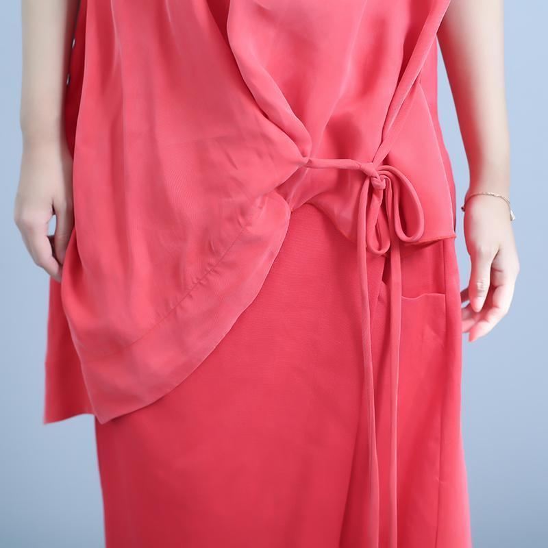 summer irregular fake two-piece sleeveless silk stitching linen dress