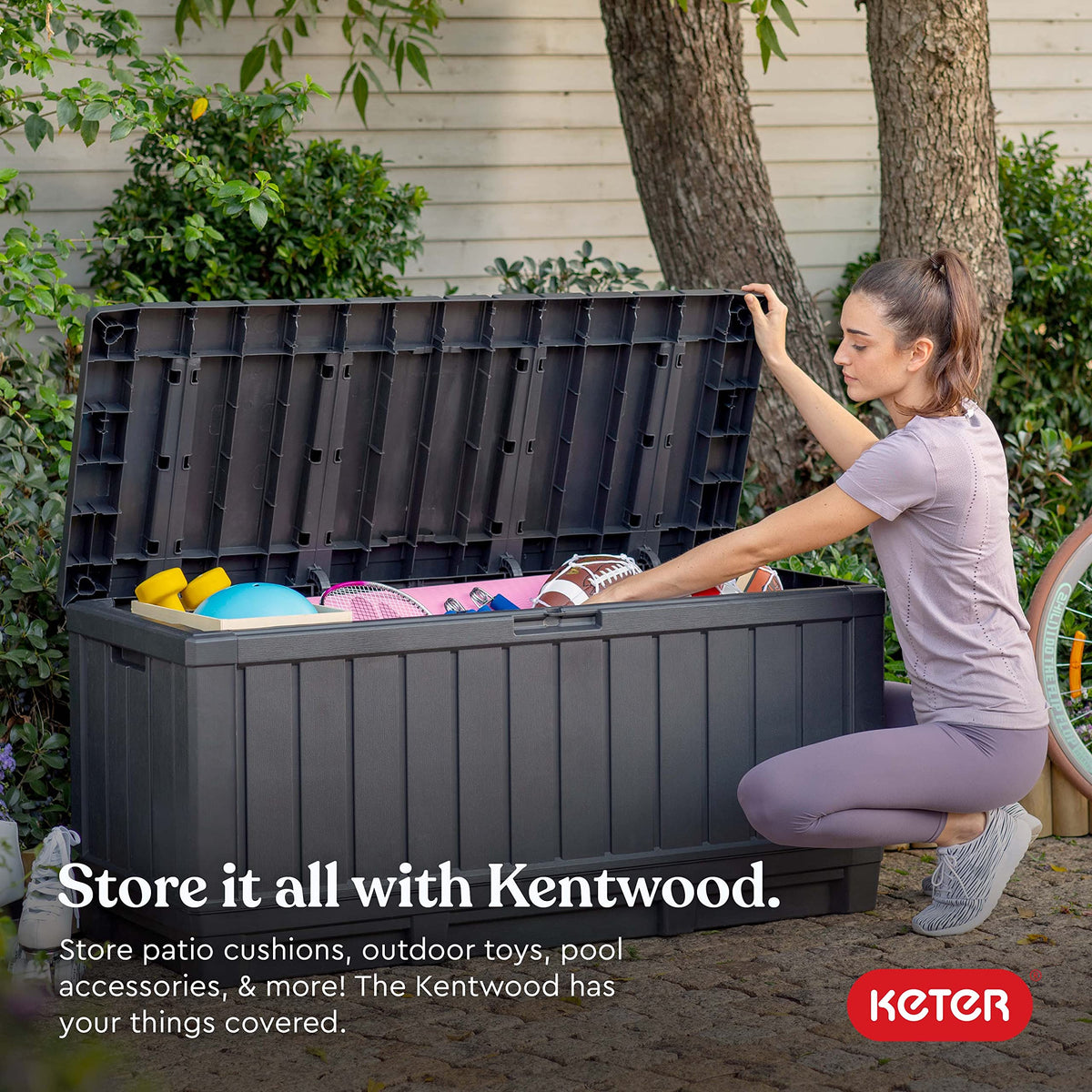 Kent92 Gallon Resin Deck Box-Organization and Storafor Patio Furniture Outdoor Cushions, Throw Pillows, Garden Tools and Pool Floats, Dark Grey
