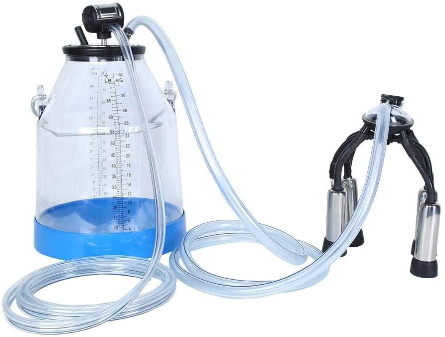 milking machine for goat cow, 32l pulsation vacuum pump milker portable goat milking supplies with transparent milking bucket household milking machine manual milker for cow sheep goat