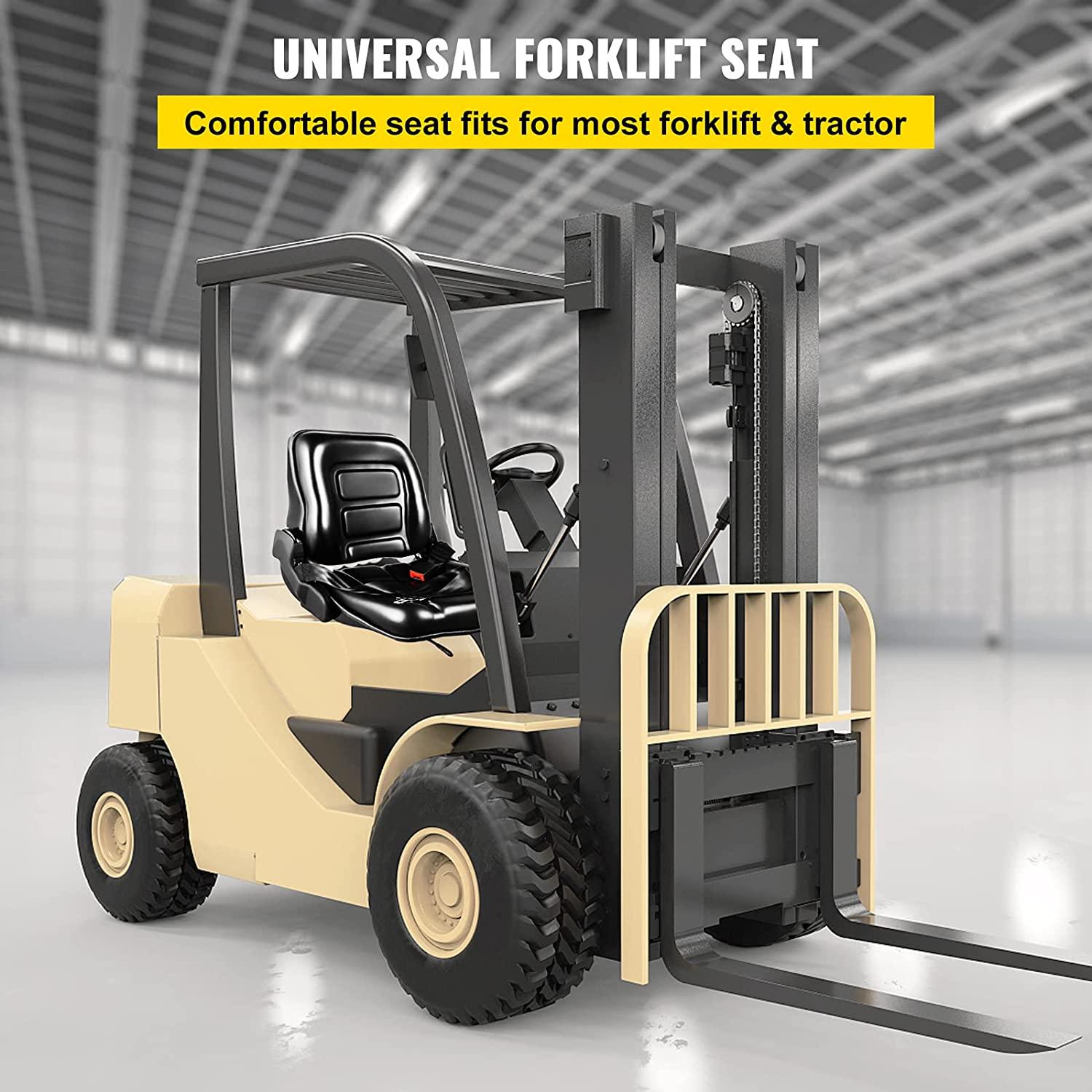 vevor universal forklift seat black pvc tractor seat, 6"/150mm adjustable mower seat foldable seat including seat belt&amp;seat switch, 18.5" x 20" x 18" skid steer seat fit forklift, tractor, skid loader