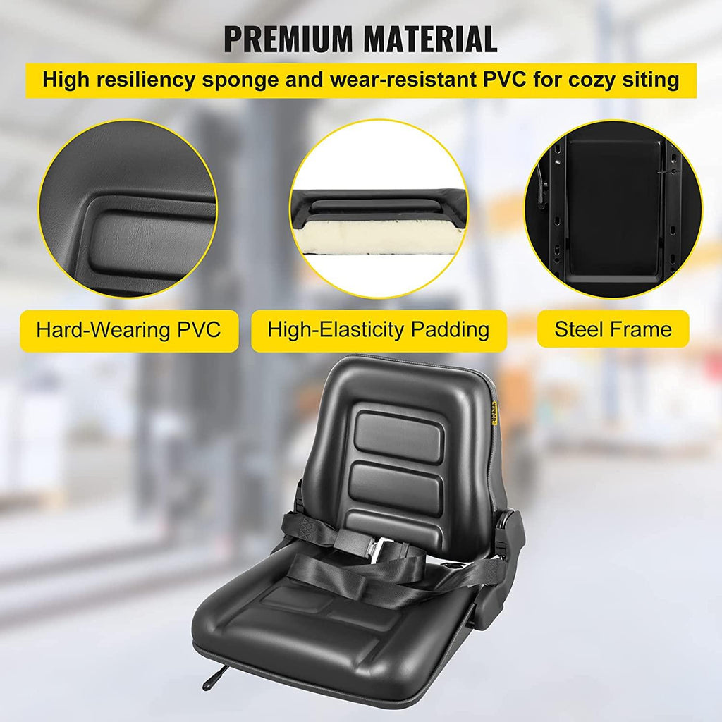 vevor universal forklift seat black pvc tractor seat, 6"/150mm adjustable mower seat foldable seat including seat belt&amp;seat switch, 18.5" x 20" x 18" skid steer seat fit forklift, tractor, skid loader