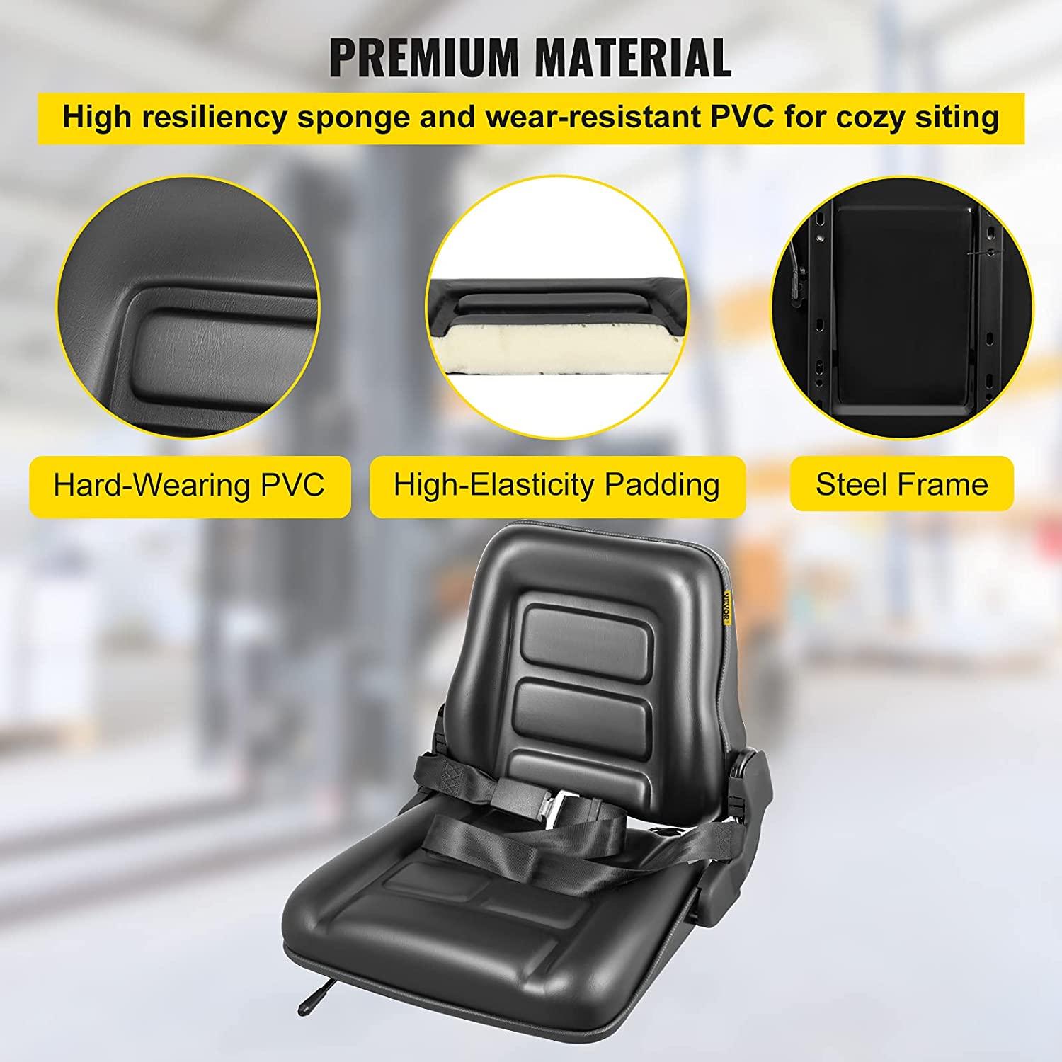 vevor universal forklift seat black pvc tractor seat, 6"/150mm adjustable mower seat foldable seat including seat belt&amp;seat switch, 18.5" x 20" x 18" skid steer seat fit forklift, tractor, skid loader