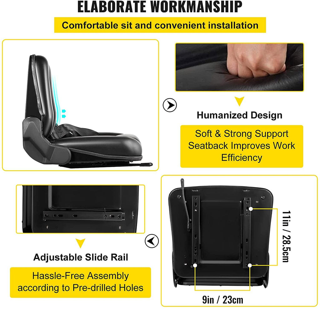 vevor universal forklift seat black pvc tractor seat, 6"/150mm adjustable mower seat foldable seat including seat belt&amp;seat switch, 18.5" x 20" x 18" skid steer seat fit forklift, tractor, skid loader
