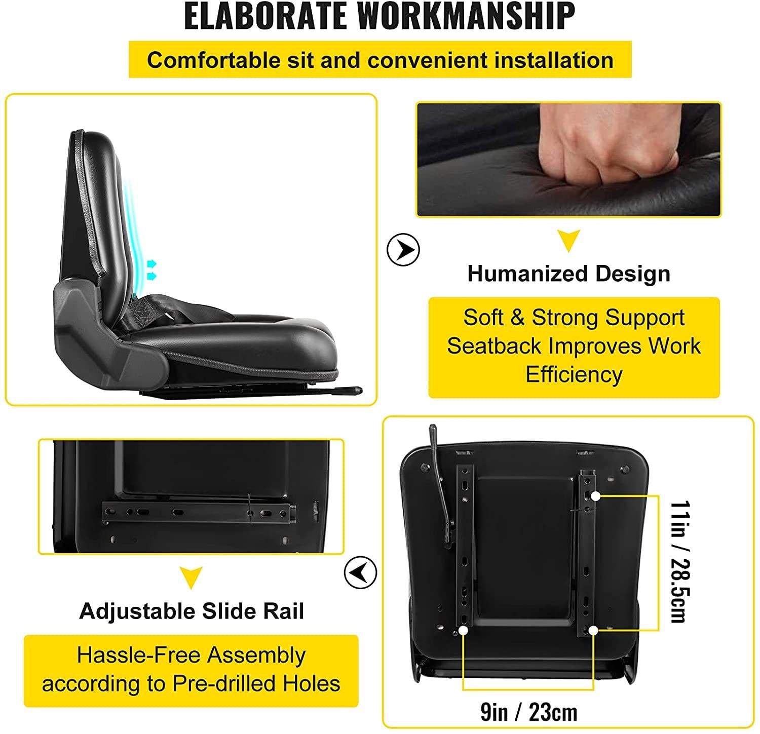 vevor universal forklift seat black pvc tractor seat, 6"/150mm adjustable mower seat foldable seat including seat belt&amp;seat switch, 18.5" x 20" x 18" skid steer seat fit forklift, tractor, skid loader