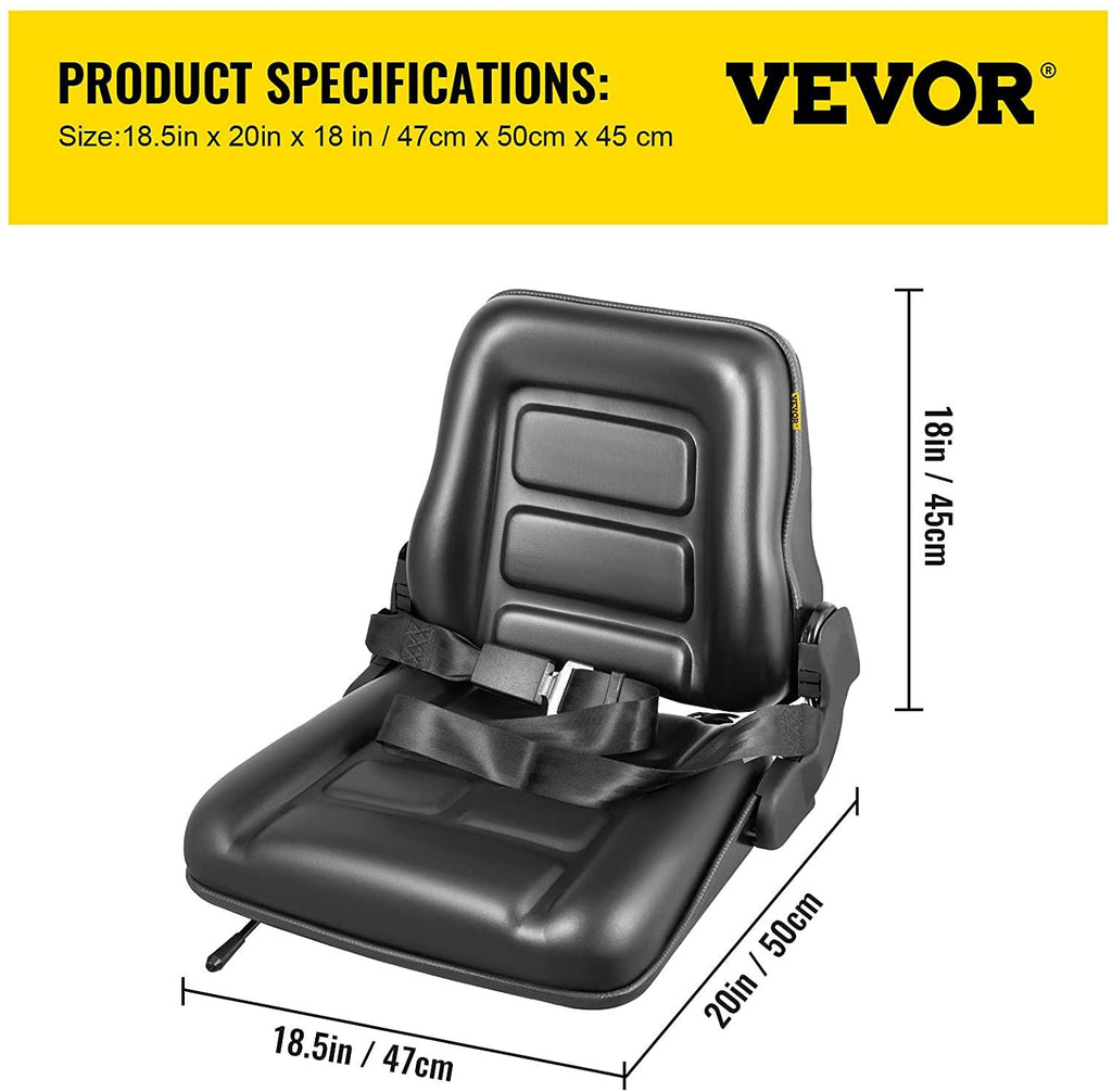 vevor universal forklift seat black pvc tractor seat, 6"/150mm adjustable mower seat foldable seat including seat belt&amp;seat switch, 18.5" x 20" x 18" skid steer seat fit forklift, tractor, skid loader