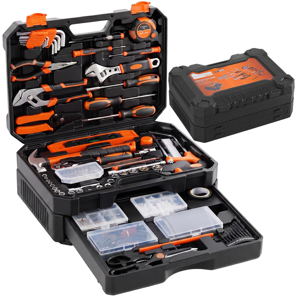 330 Piece Home Repair Tool Kit with Pull-Out Drawer, Carbon & Cr-V Steel Tool Box, Complete Homeowners Repair Kit for DIY & Auto Maintenance for Home, Black-Yellow
