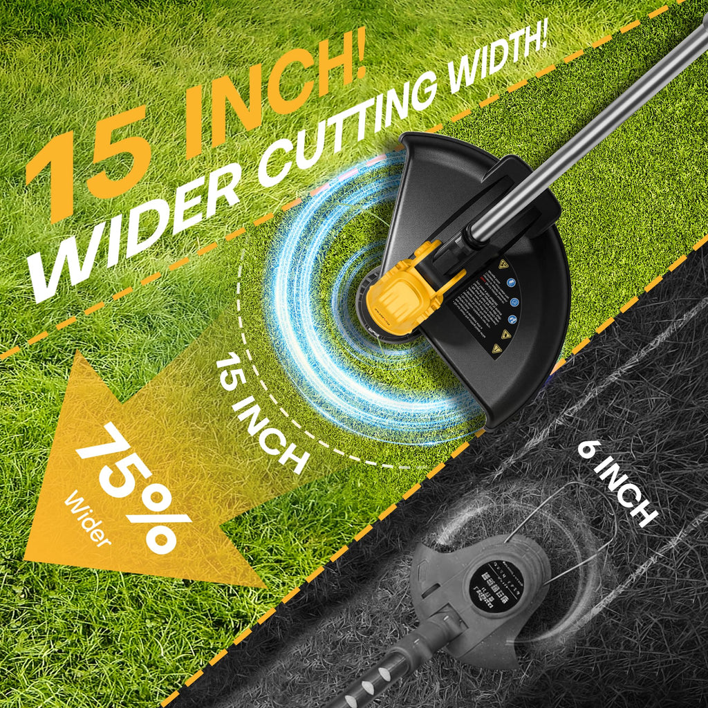 Brushless Electric Weed Wacker String Trimmer, 20V Cordless Weed Eater and Edger, 15" Cutting Width with 2 * 5.0Ah Battery Powered Brush Cutter, 4 in 1 Lawn Mower, Eco Friendly Grass Cutter
